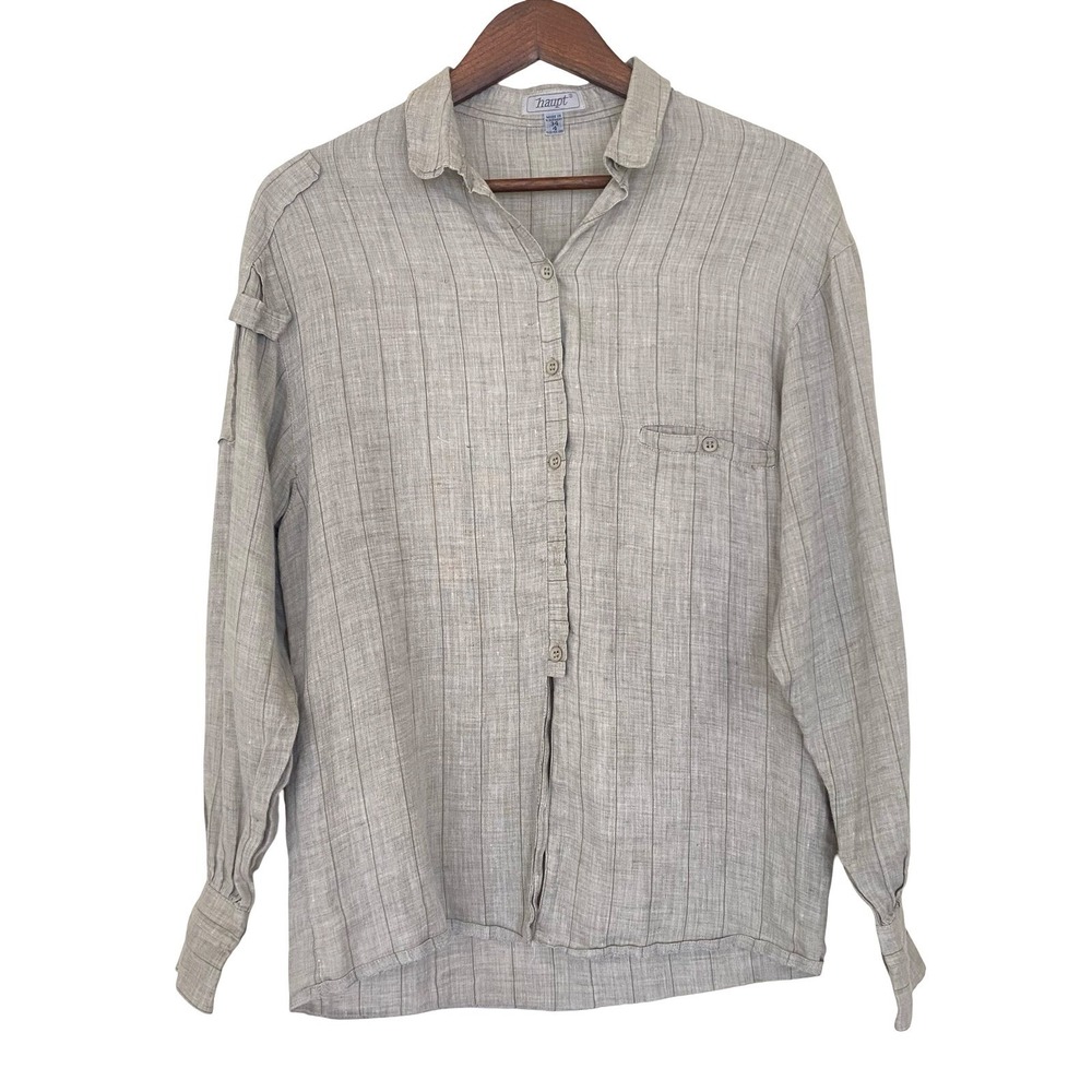 Haupt Vintage West Germany Pinstripe Button Up Blouse Grey Beige Size 4 Linen‎